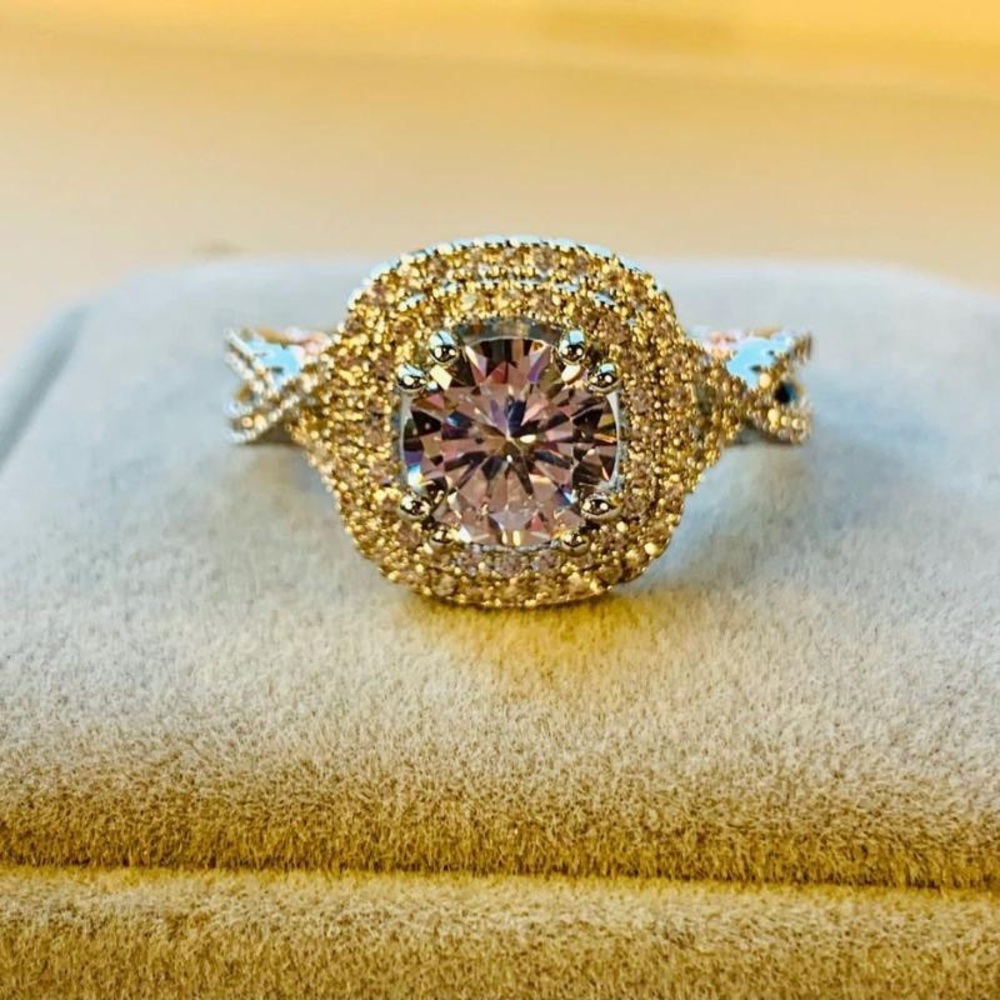 Two Toned Sterling Silver Double Halo Ring